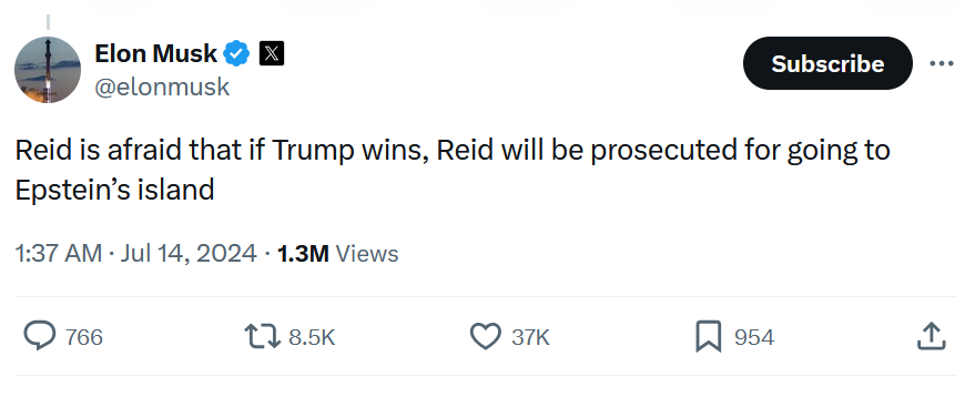 Elon Musk on X about Reid Hofman and the Epstein island