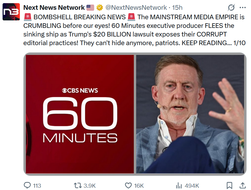Bombshell on X regarding 60 Minutes and the Trump lawsuit