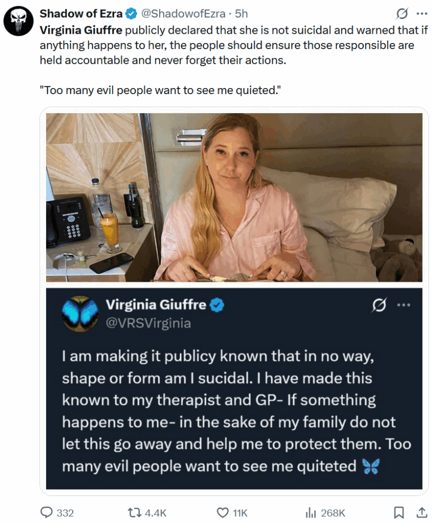 X statements on the alleged suicide of Virginia Giuffre