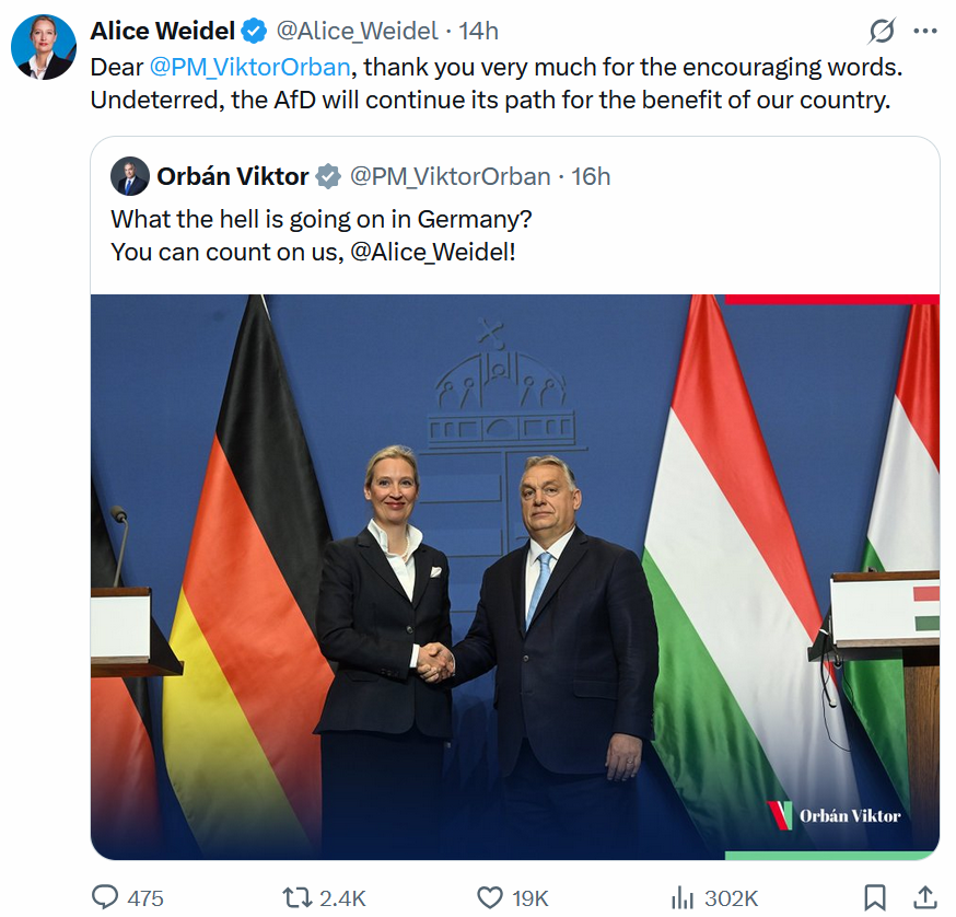 Hungarian prime minister Viktor Orban supports Alice Weidel and her AfD